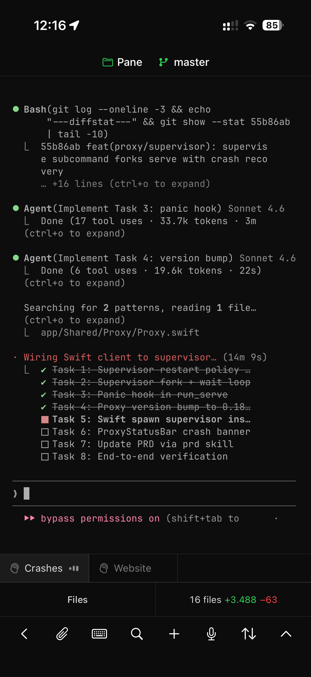 Pane on iPhone — Claude Code agent session